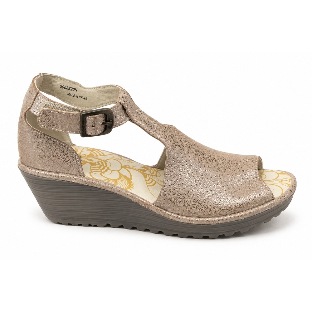 Fly London Yala Rose Gold Metallic Leather T-Strap Wedge Sandals- 7.5